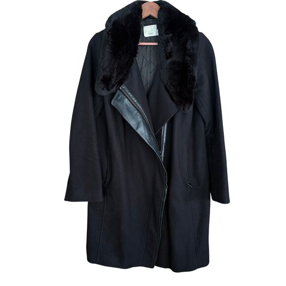 Vince Fur Collar Wool Coat M Black Leather Glam Capsule Minimalist Old Money - Picture 6 of 12